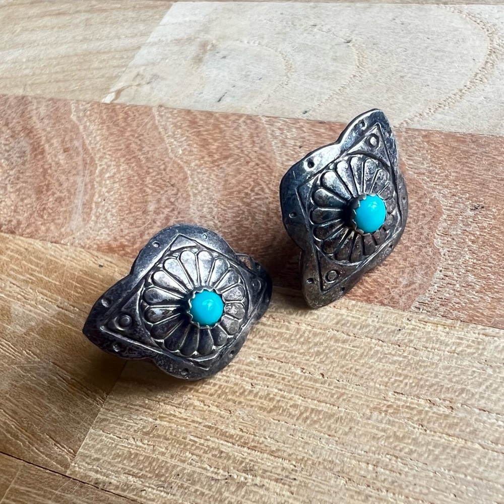 Vintage southwestern style stamped Sterling silver turquoise earrings on posts